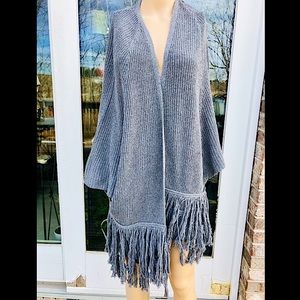 Grey Knit Fringe Sweater Poncho Cardigan